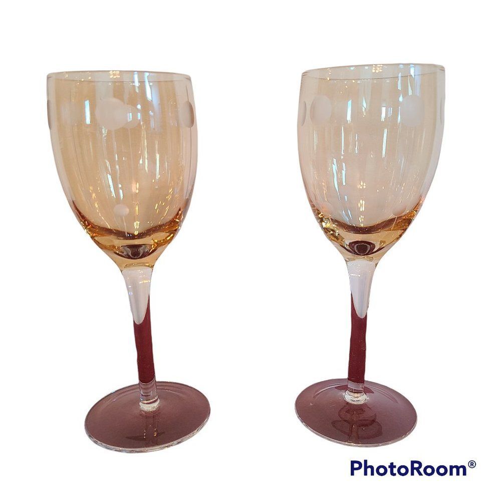 Vintage Golden Amber Light Yellow Iridescent Wine Glasses With Etching Set of 2